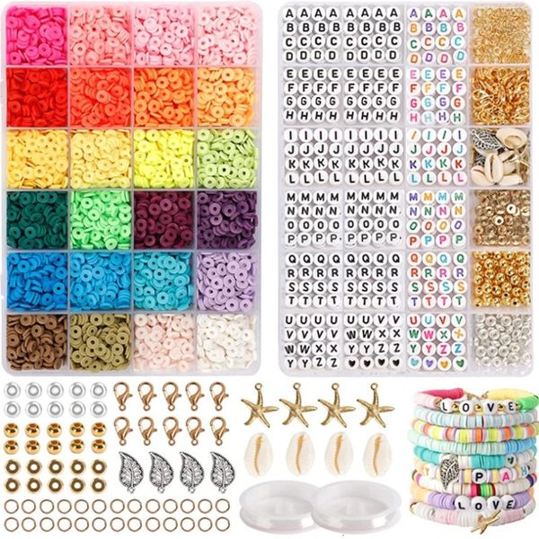 7300 unids Conjunto de cuentas de arcilla polimérica Cuentas de chips planos coloridos para pulsera boho Collar Letra / Cuentas de oro Kit de accesorios DIY 231229