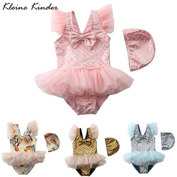 Conjunto de roupa de banho de sereia para bebês, roupa de banho com laço e manga voadora para meninas, uma peça com boné, biquíni infantil
