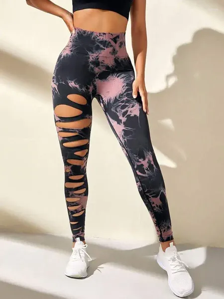 Pantaloni attivi Abbigliamento sportivo da fitness Collant da palestra push up sexy a vita alta Leggings da corsa rossi Donna Tie Dye Hollow Out