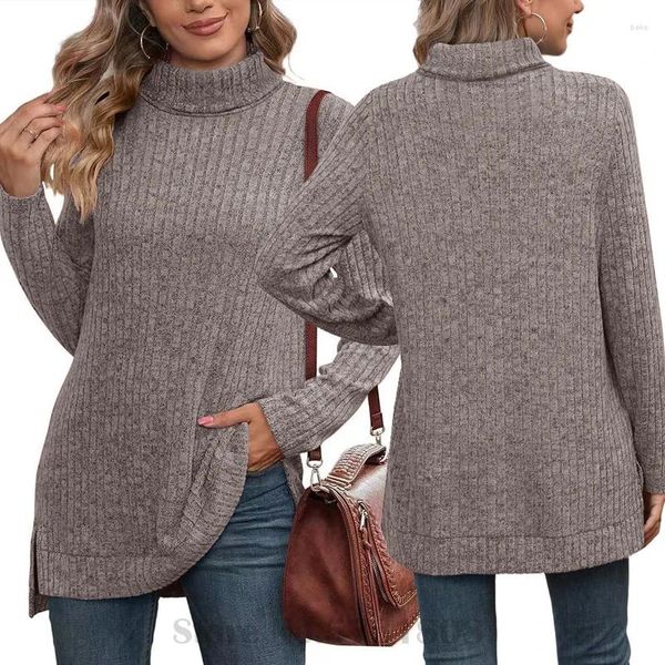 Maglioni da donna 2023 Autunno Inverno Maglione Moda Solid Collo alto Caldo Top Split Pit Stripe T-shirt allentata Versatile maglia