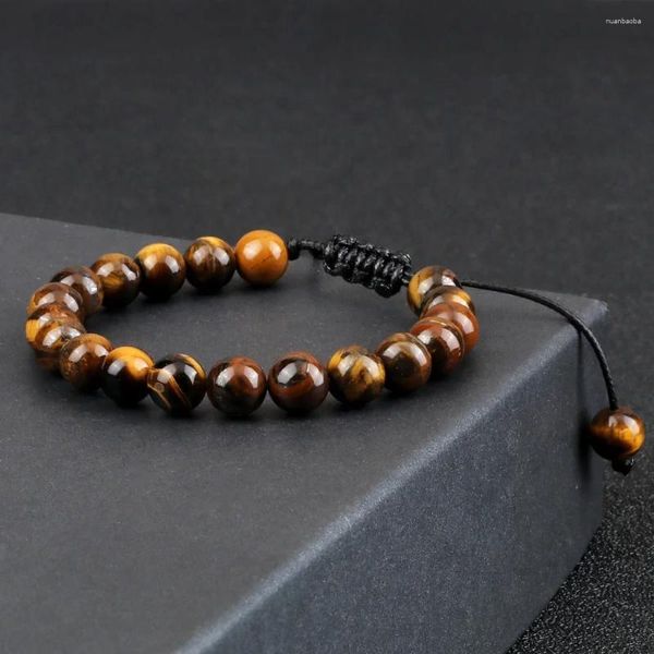 Bracciale con perline in pietra occhio di tigre da 8 mm Bracciale con corda intrecciata regolabile Braccialetti con roccia lavica naturale Uomo Donna Braccialetti con equilibrio curativo yoga