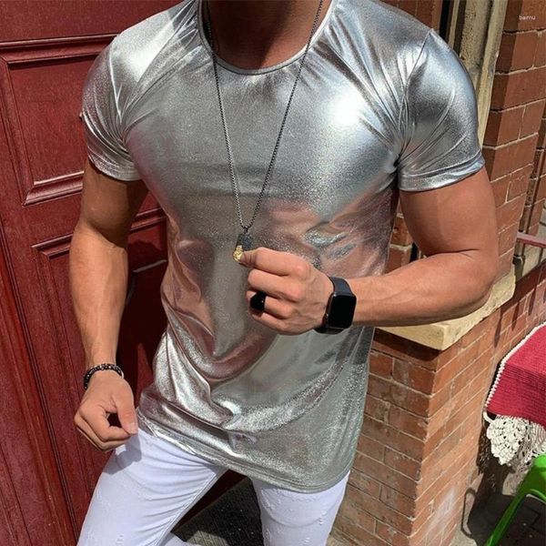 Erkek Tişörtleri Moda Şiny Islak Görünüm Sahte Deri T-Shirt Kısa Kollu Tee Solid Siyah Gümüş Kas Partisi Kulüp Giysesi Üstleri Gömlek