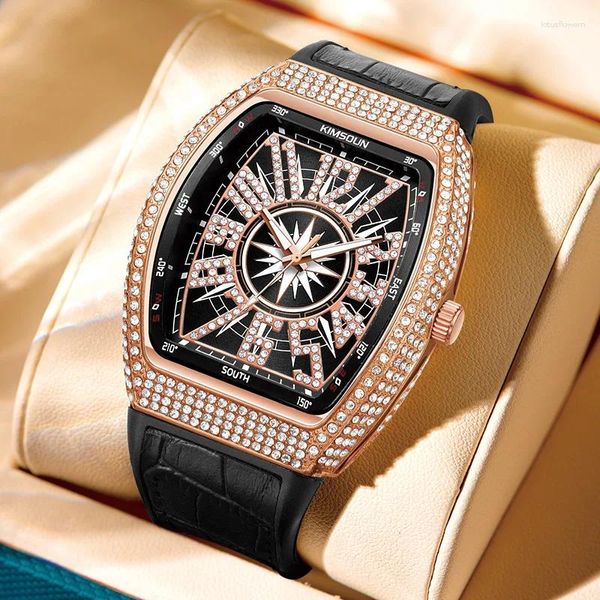 Наручные часы мужские роскошные часы Iced Out с бриллиантовым безелем модные часы блестящие кварцевые наручные часы часы с синим кожаным ремешком