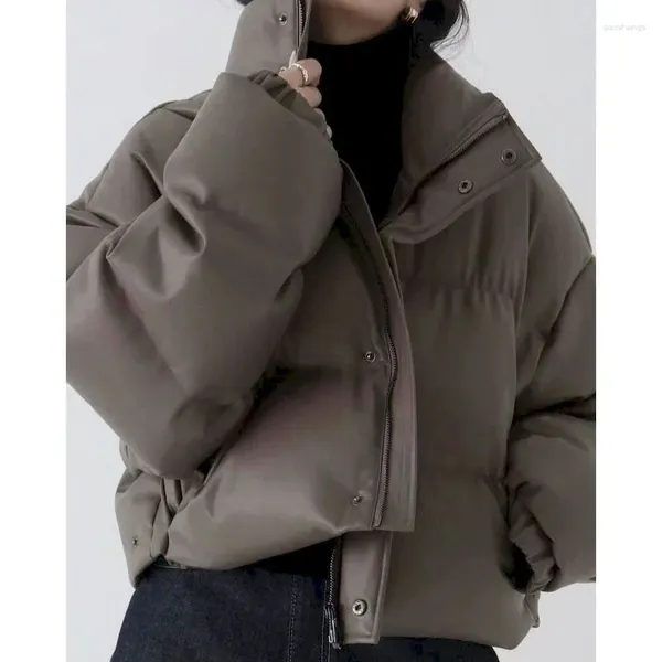 Casacos de Trench das Mulheres Y2K Streetwear Pu Couro Parkas Mulheres Jaquetas Inverno 2023 Gótico Vintage Sólido Gola Quente Jaqueta Preta Feminina