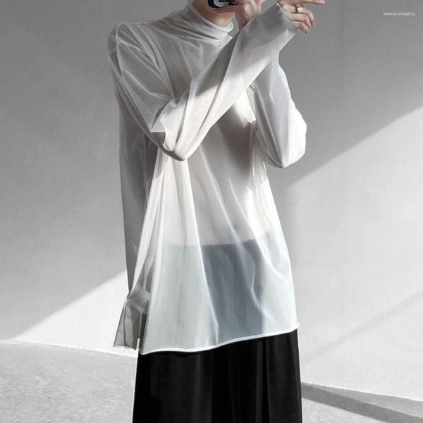 Мужские футболки Легкая солнцезащитная одежда Корейский стиль Тренд Летняя универсальная сетчатая футболка с высоким воротником и длинными рукавами Модный дышащий топ