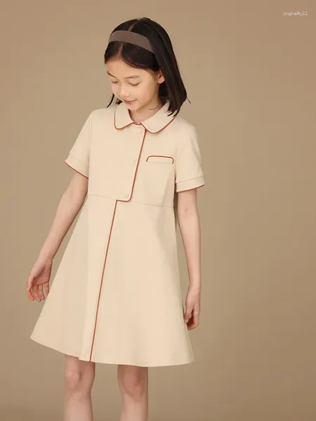 Abiti da ragazza Estate Polo con abbottonatura asimmetrica per bambini Colletto rovesciato Gonne Stile preppy Cotone Solido Adorabile Moda Moderno Designabile