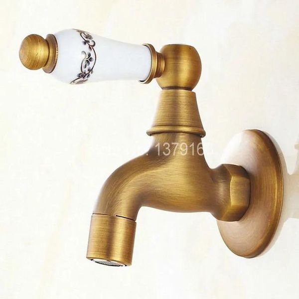 Rubinetti all'ingrosso Vintage Bronzo antico Una maniglia in ceramica con motivo floreale Rubinetto da cucina a parete Lavanderia bagno Mop Rubinetto dell'acqua aav