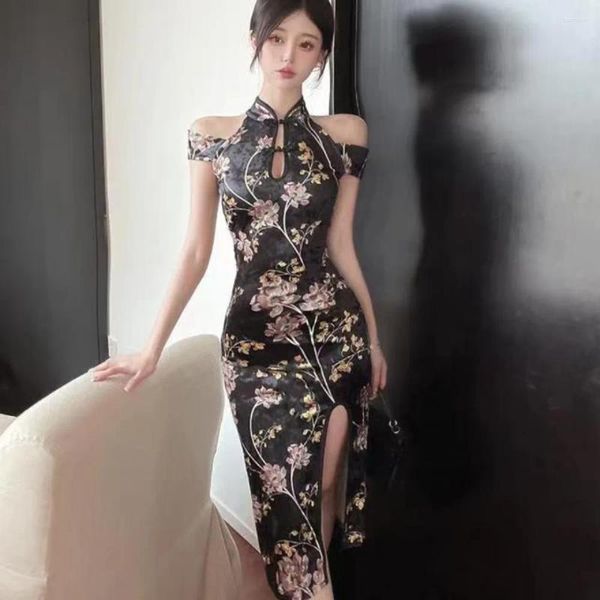 Ethnische Kleidung, modernes Cheongsam-Kleid, klassisches Temperamentverbesserung, Qipao, Mädchen, kalte Schulter, schwarz, floral, asiatisch