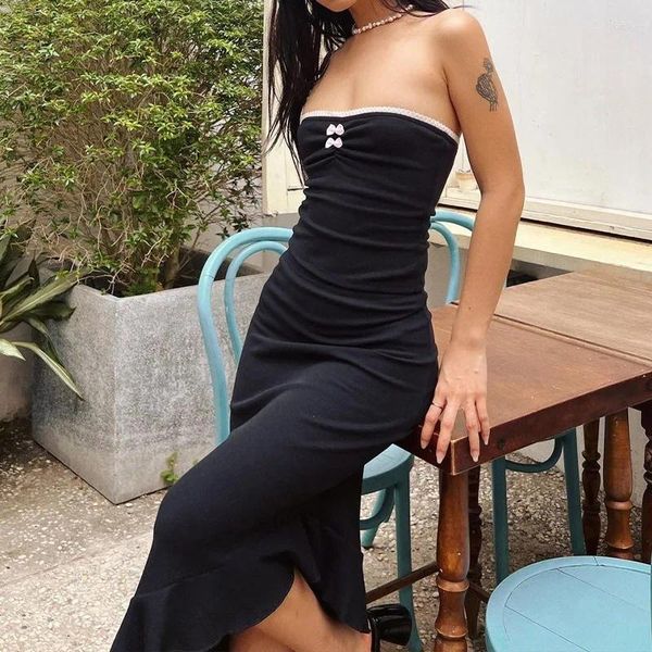 Повседневные платья Y2K, винтажные женские летние комплекты из 2 предметов, черные топы без рукавов с открытыми плечами, длинная облегающая юбка, комплект уличной одежды в стиле ретро