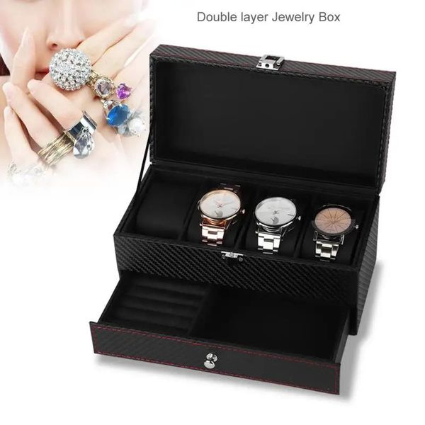 Polnisch 4 Grids Pu Leder Uhr Box Fall Doppel Schichten Uhr Schmuck Display Lagerung Box Halter Organizer Schwarz Geschenk Schatulle box