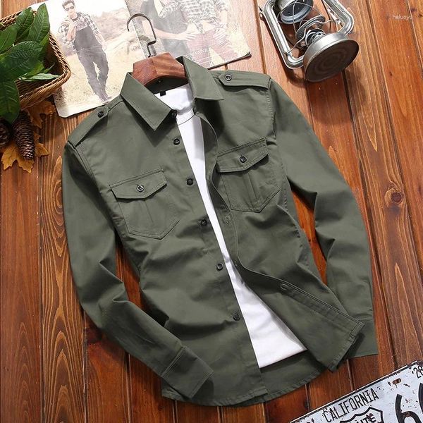 Camicie casual da uomo 2023 Camicia cargo da uomo a maniche lunghe in cotone Autunno Estate Camisa Militar Overshirt Abbigliamento sottile Camicette Khkai