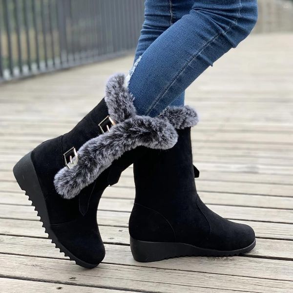Stiefel Damen Wedge Mid-Calf Snow Casual Metallschnalle Fleece Liner Booties Schuhe