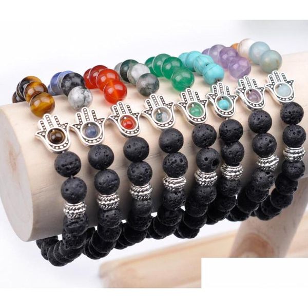 Frisado Strands Pulseiras Lava Stone Stretch Mão de Fatima Hamsa Charme Pulseira Mala Evil Eye para Homens Mulheres Gota Entrega Jóias Dhfpa