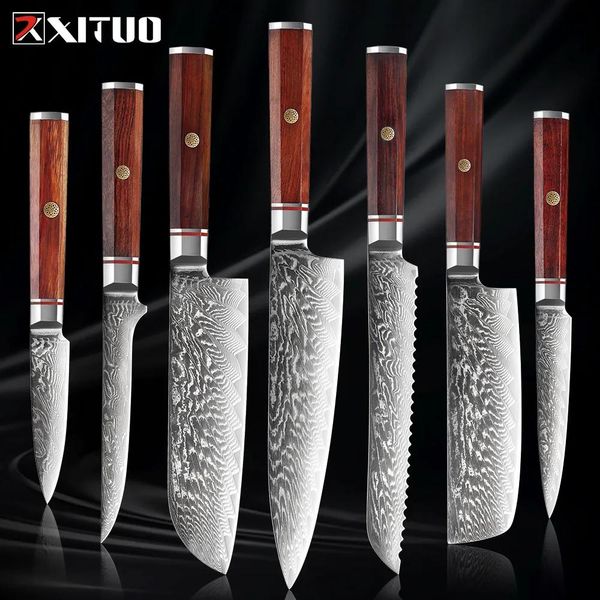 Messer Ultrascharfes Damaskus-Küchenmesser Vg10 Japanischer Stahl Chef Santokumesser Brot Utility Schälmesser Achteckiger Holzgriff