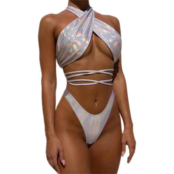 Sexy alta pescoço cruz micro biquíni 2020 lantejoulas sier neon verde corte alto push up maiô feminino rendas até bandagem tanga roupa de banho