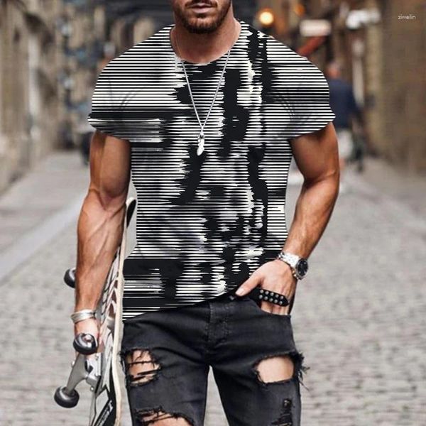 Camiseta masculina 3d em torno do pescoço geométrico abstrato padrão camisa moda t-shirt jogo tee streetwear roupas masculinas topos