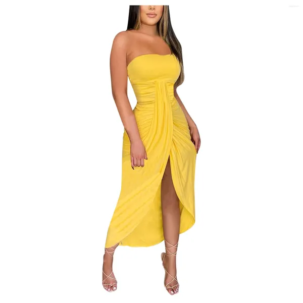 Abiti casual Donna Causale senza spalline Abito lungo 2024 Estate Tinta unita Parte superiore del tubo Beach Party Vestito estivo Sexy Off spalla Split Club