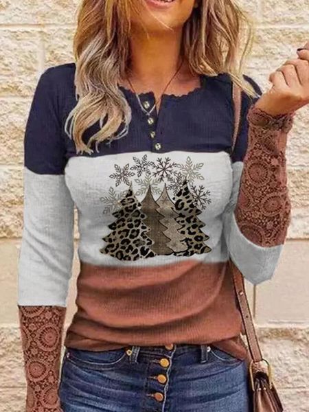 Camiseta manga comprida tops natal treepaneled renda floco de neve blusa nova feminina primavera outono camiseta ropa mujer roupas femininas