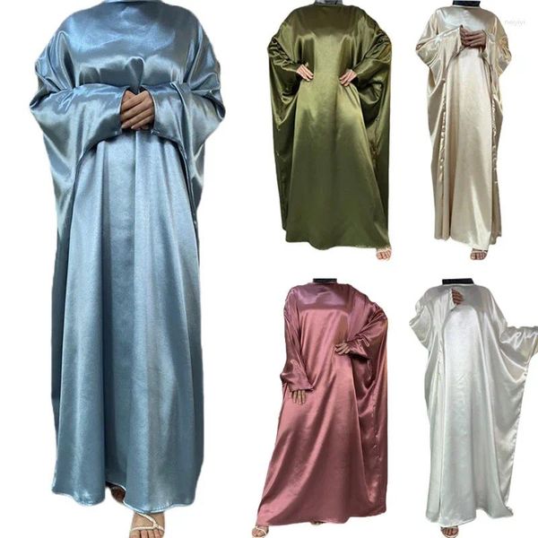 Abbigliamento etnico Moda Manica lunga Abaya Hijab Abito in raso Donna Abaya Primavera Dubai Turchia Partito musulmano Maxi Vestito estivo Veste Femme