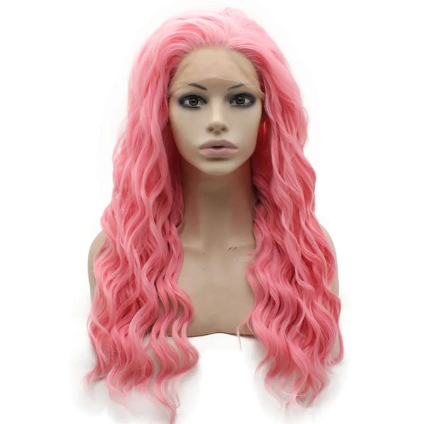 Perucas longas onduladas rosa peruca meia mão amarrada calor amigável cabelo sintético peruca frontal para festa cosplay