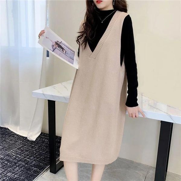 Coletes outono inverno feminino solto camisola de malha vestido feminino colete longo pull femme escola adolescente meninas outerwear