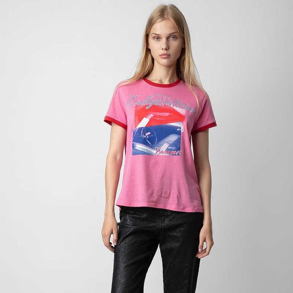 24 Início da Primavera Novo Nicho Francês Zadig Voltaire2024 Red Lip Car Tinta Branca Impressão Digital Punhos Cor Contrastante Camiseta Feminina de Manga Curta