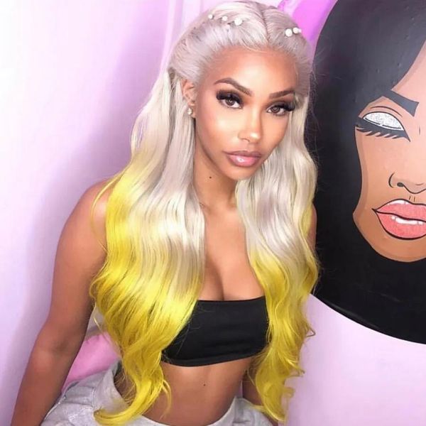 Peruk moda yeni ombre gri ila sarı simülasyon brezilya insan saçı peruk uzun dalgalı ısıya dayanıklı sentetik dantel ön kadın peruklar