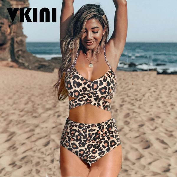 Conjunto de roupa de banho feminina cintura alta push up bikini 2022 mulher sexy leopardo cruz bandagem maiô feminino conjunto de biquíni plus size