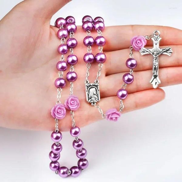 Anhänger Halsketten Religiöse katholische Glas Rose Rosenkranz Halskette für Frauen Jungfrau Maria Kruzifix Lange Perlenpullover Kette Schmuck Geschenk