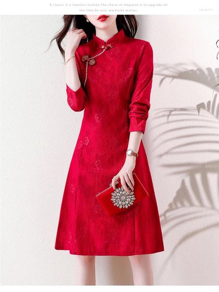 Etnik Giyim 2023 Çin Geleneksel Qipao Elbise Uzun Kollu Retro Dantel Geliştirilmiş Kırmızı Cheongsam Kadınlar Robe Chinoise
