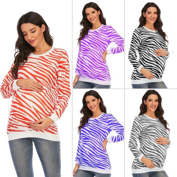 Hemden 2022 Neue Schwangerschaftshemden Frauen Mutterschaft Langarm Zebra Muster Druck T -Shirt Schwangeres lässige Mutterschaft Tops 5 Farben