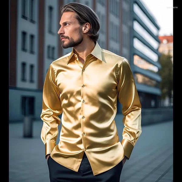 Männer Casual Hemden Herren Gold Seide Satin Hemd 70er Jahre Disco Dance Nachtclub Kleid Männer Party Hochzeit Langarm Chemise Homme 2XL