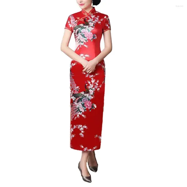 Roupas étnicas Mulheres Vestido Chinês Estilo Nacional Impressão Gola Mangas Curtas Alta Side Split Cheongsam Cetim Silky Slim Qipao