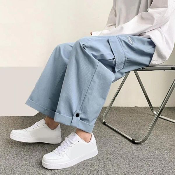 Calças masculinas casuais versátil carga elegante streetwear calças com vários bolsos ajuste confortável perna larga design hip