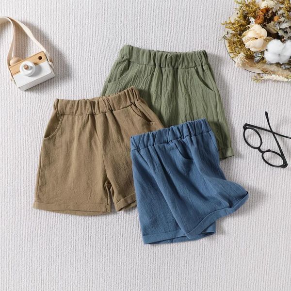 Shorts pudcoco menino menino de linho de algodão casual cós de cintura dobrada bainha sólida bolsões de verão roupas infantis 6m-4t