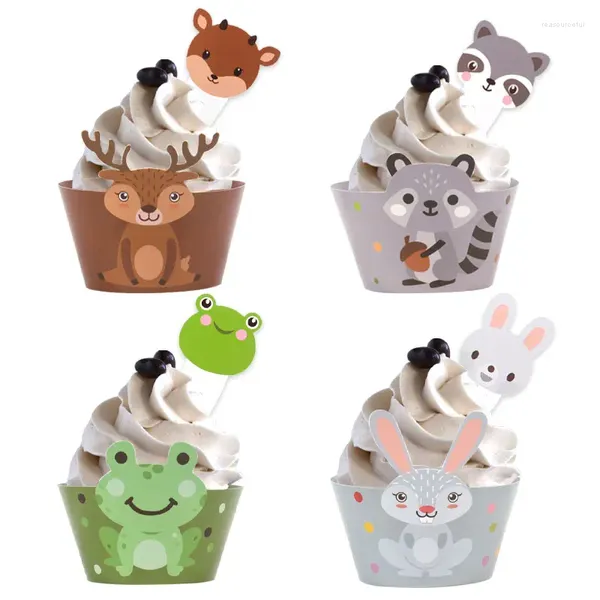 Forniture festive 16 set Involucri per cupcake con animali della giungla Topper Safari Zoo Decorazione per torte per feste di compleanno Bandiere a tema Baby Shower