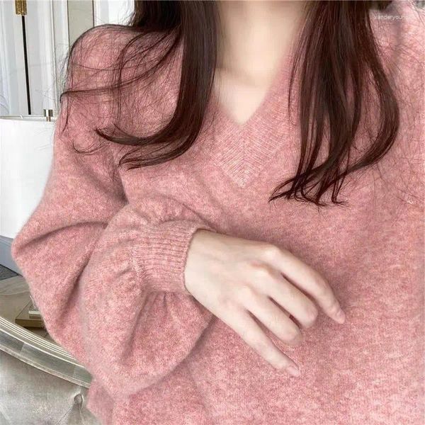 Maglioni da donna 2023 arrivo stile coreano donna autunno scollo a V manica lunga pullover tutto abbinato casual allentato morbido maglione lavorato a maglia D535