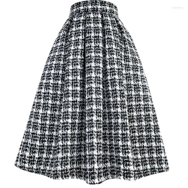 Юбки 2023, зимняя винтажная элегантная женская черно-белая клетчатая плиссированная круглая шерстяная юбка с высокой талией и карманами, толстая морозостойкая