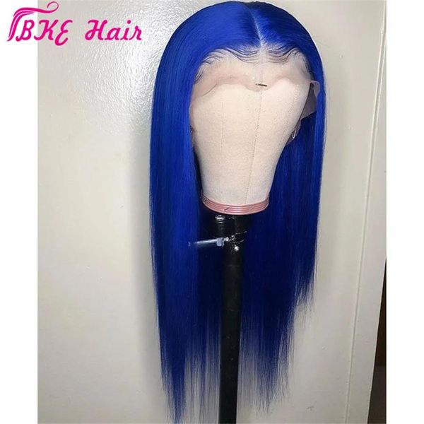 Perucas estoque simulação cabelo humano peruca de renda perruque frontal completa cor azul peruca longa reta sintética renda dianteira peruca cosplay para mulher