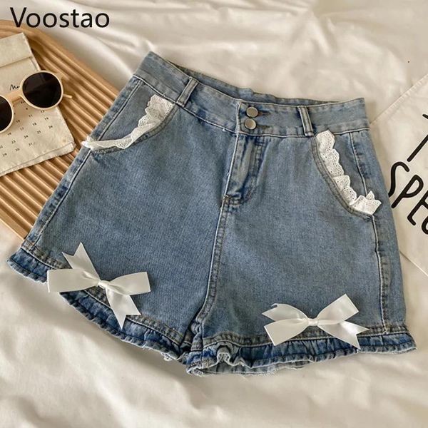 Şort yaz vintage tatlı lolita stil denim şort kadın Koreli sevimli dantel fırfırlar yay kısa pantolon kadın harajuku şık punk kot pantolon