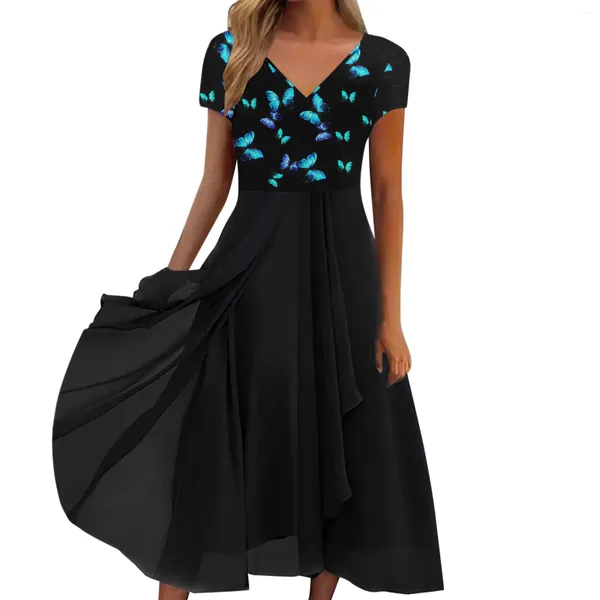 Casual Kleider Frauen Drucken V-ausschnitt Kurzarm Dresse Mode Abendkleid Wein Für Sommer Sommerkleid