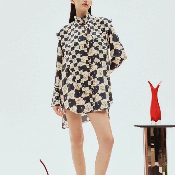 Vestido de designer australiano 24 primavera/verão nova seda impressa manga comprida cachecol gola camisa mini saia