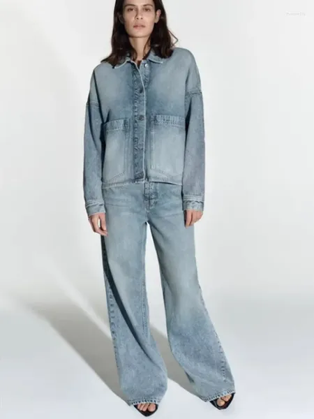 Calças femininas de duas peças de alta qualidade 2023 outono confortável solto remendo bolso decoração lavado denim camisa jaqueta cintura alta terno