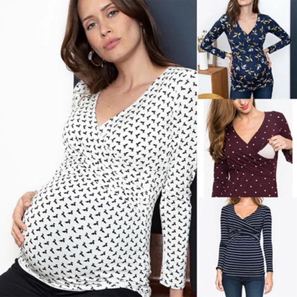 Рубашки Футболки для беременных Весенне-осенняя одежда для беременных Футболка с v-образным вырезом и длинными рукавами с принтом для кормления грудью Одежда для беременных женщин