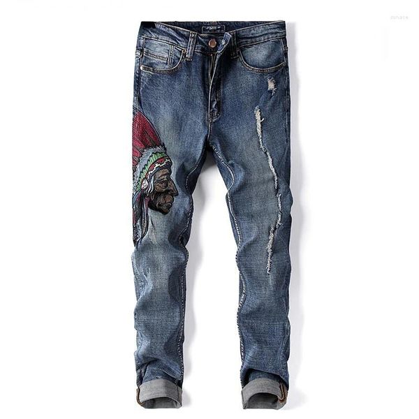 Jeans da uomo Pantaloni in denim oversize Indiani di alta qualità ricamati Retro Strappati Streetwear Abbigliamento da uomo dritto
