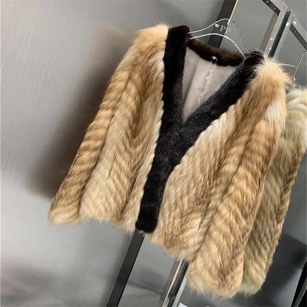 Pelliccia Nuovo di zecca Inverno Cappotto di pelliccia di volpe argentata naturale Vera pelliccia di visone Collo da donna Giacche di volpe