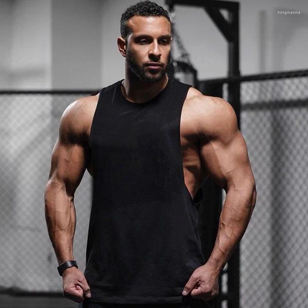 Erkek Tank Tops Marka Gym Giyim Vücut Geliştirme Damla Armhole Top Erkekler Fitness Düz Renk Pamuk Taraf Kesme Kolsuz T-Shirt