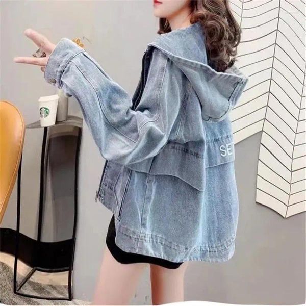 Sudaderas con capucha para mujer Sudaderas Casual Patchwork Bolsillo Denim Manga larga Zip Up Sudadera con capucha Jean Chaqueta para mujer Tela Moda coreana Ropa de calle