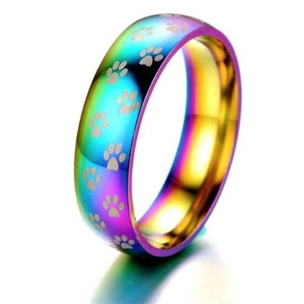 Anello da dito con stampa di zampa piccola arcobaleno colorato per coppia Promessa di fidanzamento 6mm Anelli di nozze dell'amante Lesbiche Gay Jewelry181W