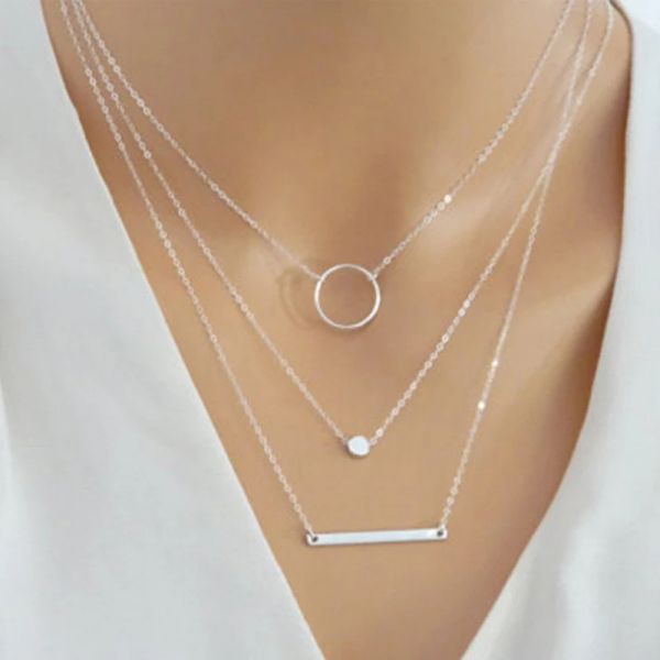 Heißer Verkauf Fashion Statement Multilayer14k Gold Halskette Multi-element Metall Stange Kreise Geometrische Runde Halsketten Frauen Schmuck